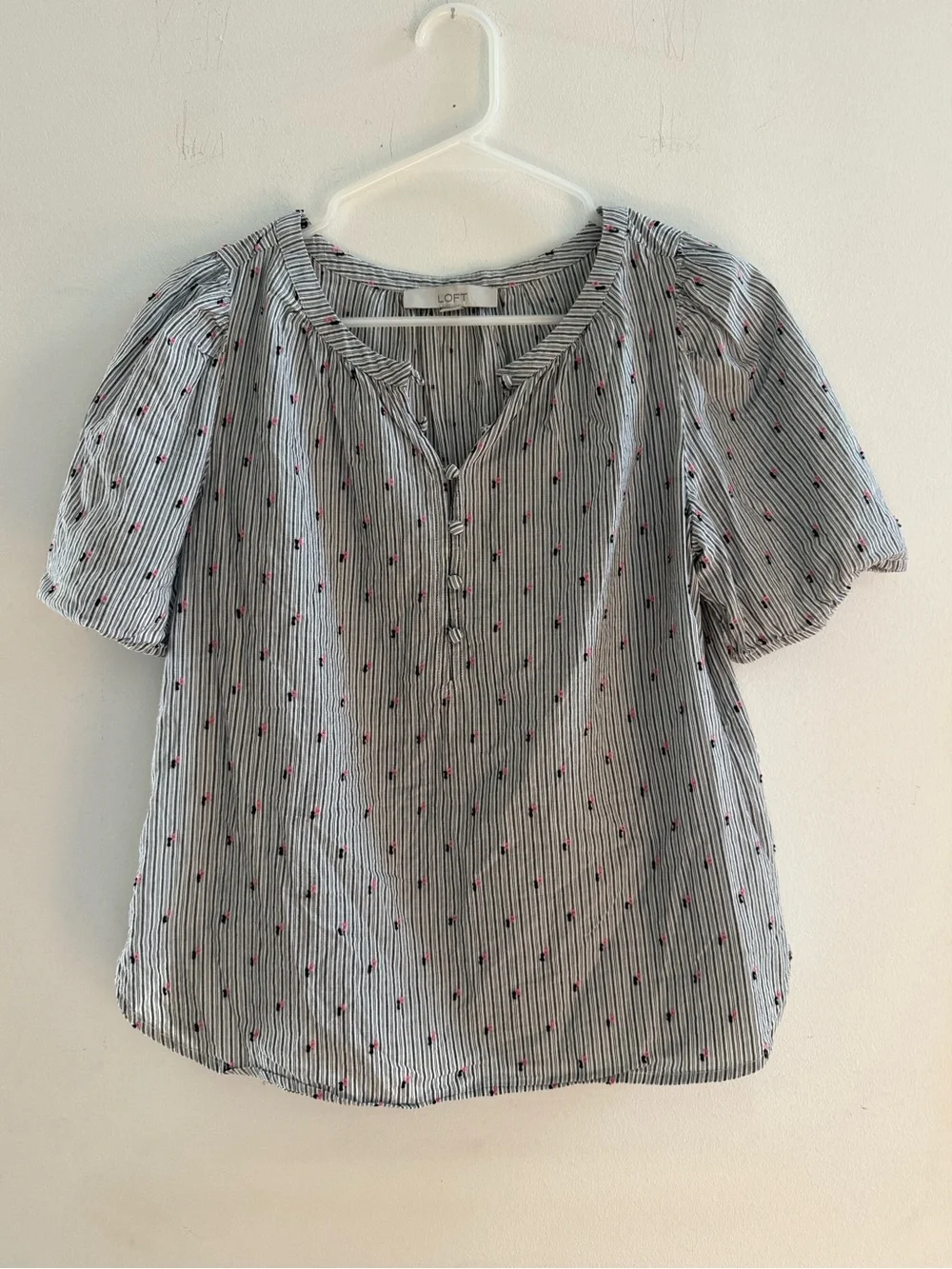 LOFT Striped Embroidered Puff Sleeve Cotton Blouse Small